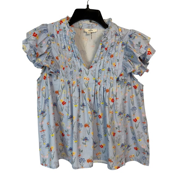 entro Tops - Entro Floral Flutter Sleeve Blouse Women Medium Blue Pintuck Pleated Cotton Top